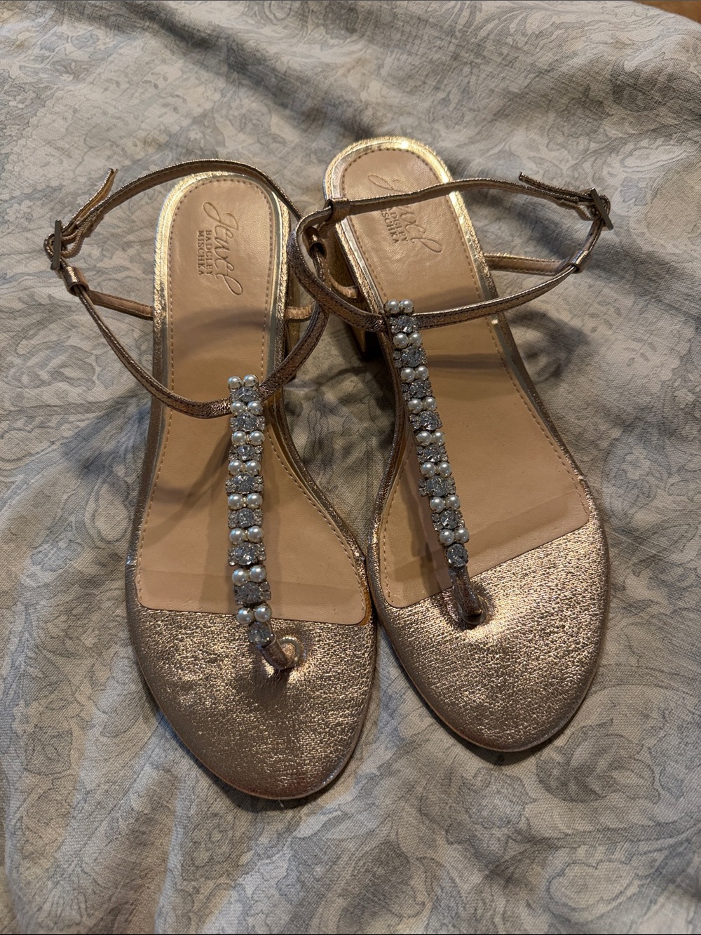 Badgley Mischka Rose Gold Jeweled T-Strap Sandals